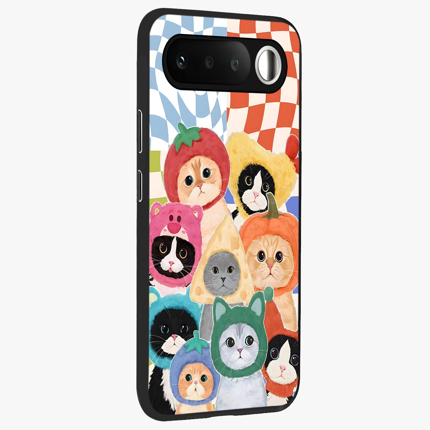 Cats in Fruits Glass Case upright view showcasing charming cat artwork with fun fruity theme.
