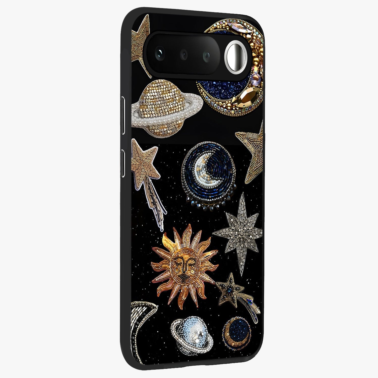 Celestial Gem Constellations Glass Case upright view showcasing cosmic constellation artwork with celestial aesthetic style.