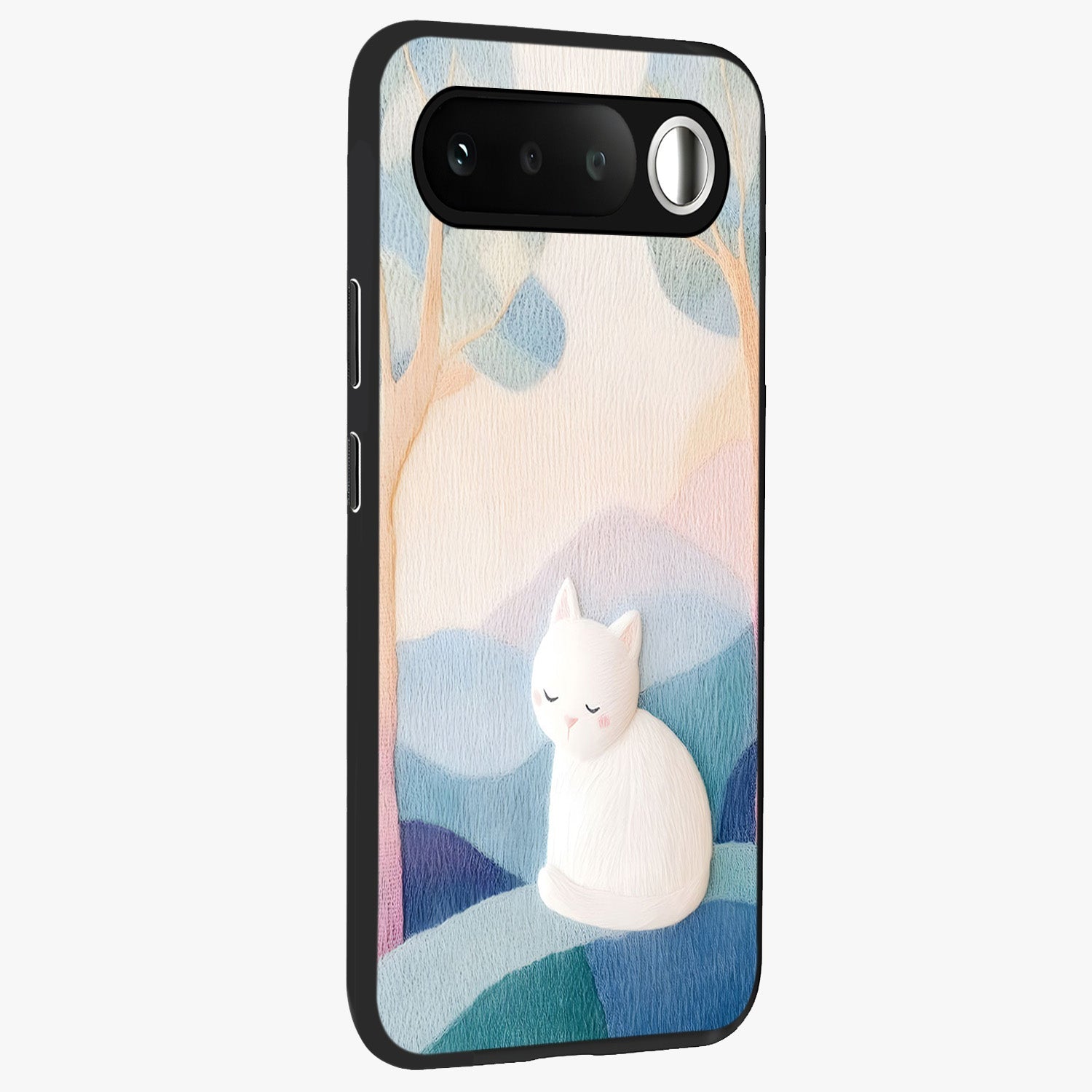 Cotton Dream Cat Glass Case upright view showcasing charming cat artwork with cozy dreamy theme.