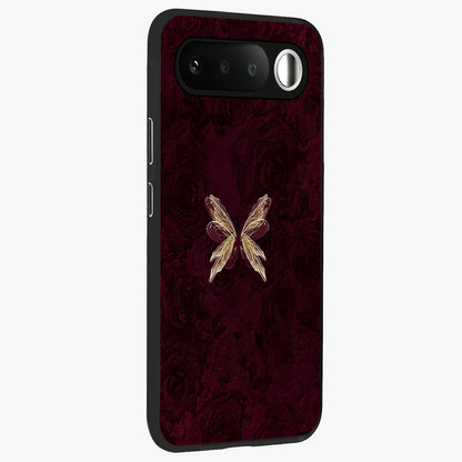 Crimson Fade Butterfly Glass Case upright view showcasing graceful butterfly artwork with soft crimson fade effect.