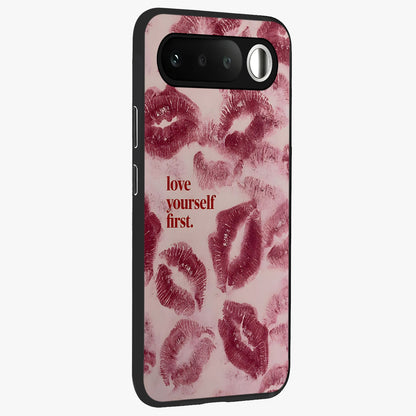 Crimson Kiss Love Glass Case upright view showcasing expressive romantic artwork with deep crimson theme.