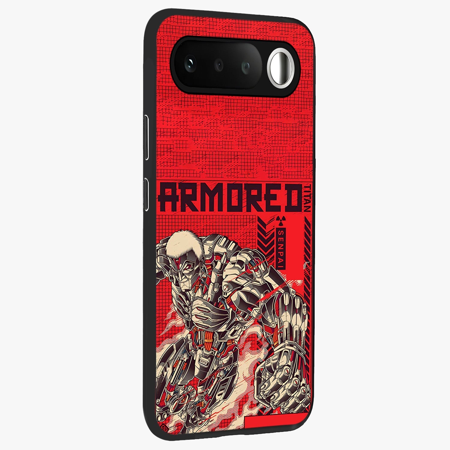 Crimson Mecha Titan Glass Case upright view showcasing dynamic robotic titan design with sci-fi inspired theme.