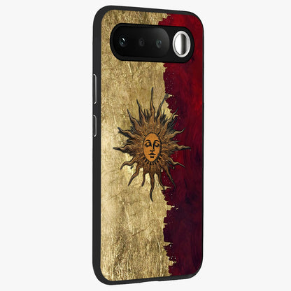 Crimson Sun Majesty Glass Case upright view showcasing vibrant sun artwork with powerful celestial theme.