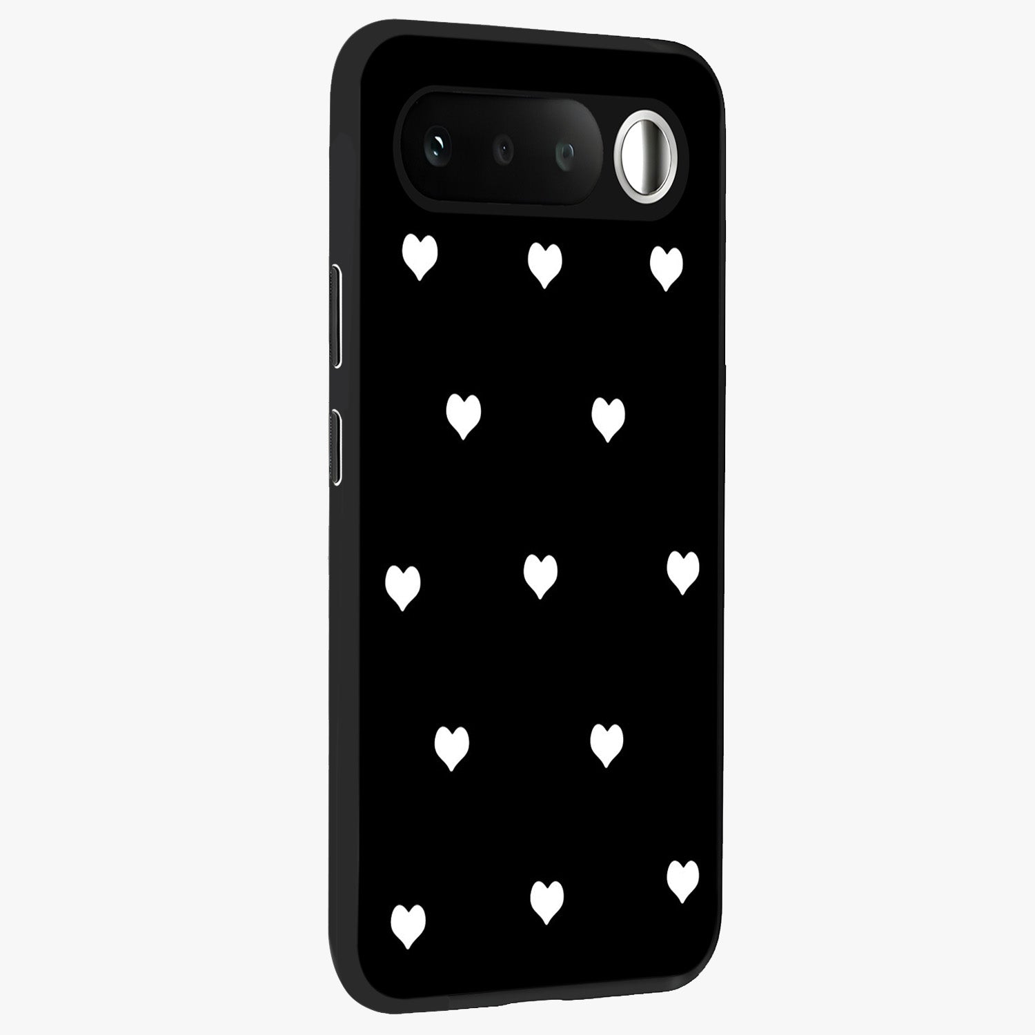 Cute And Simple White Hearts Glass Case upright view showcasing simple white hearts artwork with soft minimal theme.