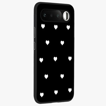 Cute And Simple White Hearts Glass Case upright view showcasing simple white hearts artwork with soft minimal theme.