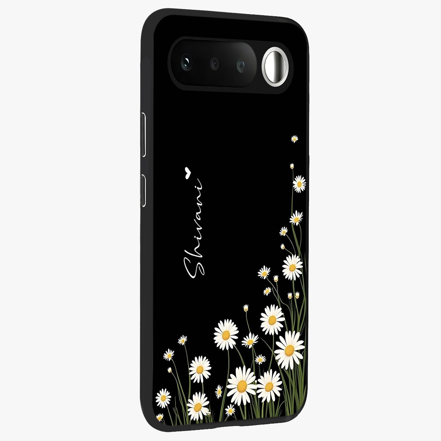Daisy Cascade Custom Name Glass Case upright view showcasing elegant floral cascade design with personalized aesthetic.