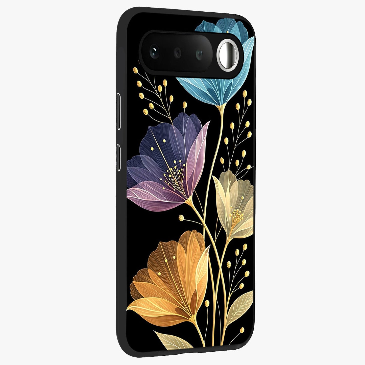Delicate Multicolor Flowers Glass Case upright view showcasing delicate floral artwork with bright botanical theme.