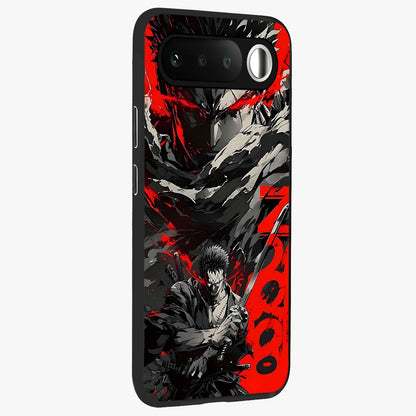 Demon Sword Resolve Glass Case upright view showcasing dramatic warrior artwork with intense battle theme.