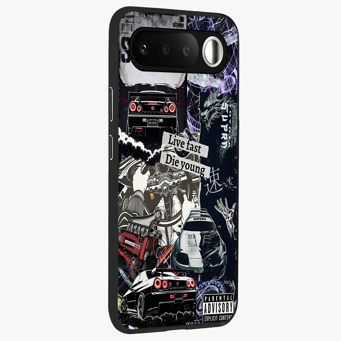 Die Young Glass Case upright view showcasing striking typography artwork with modern statement theme.