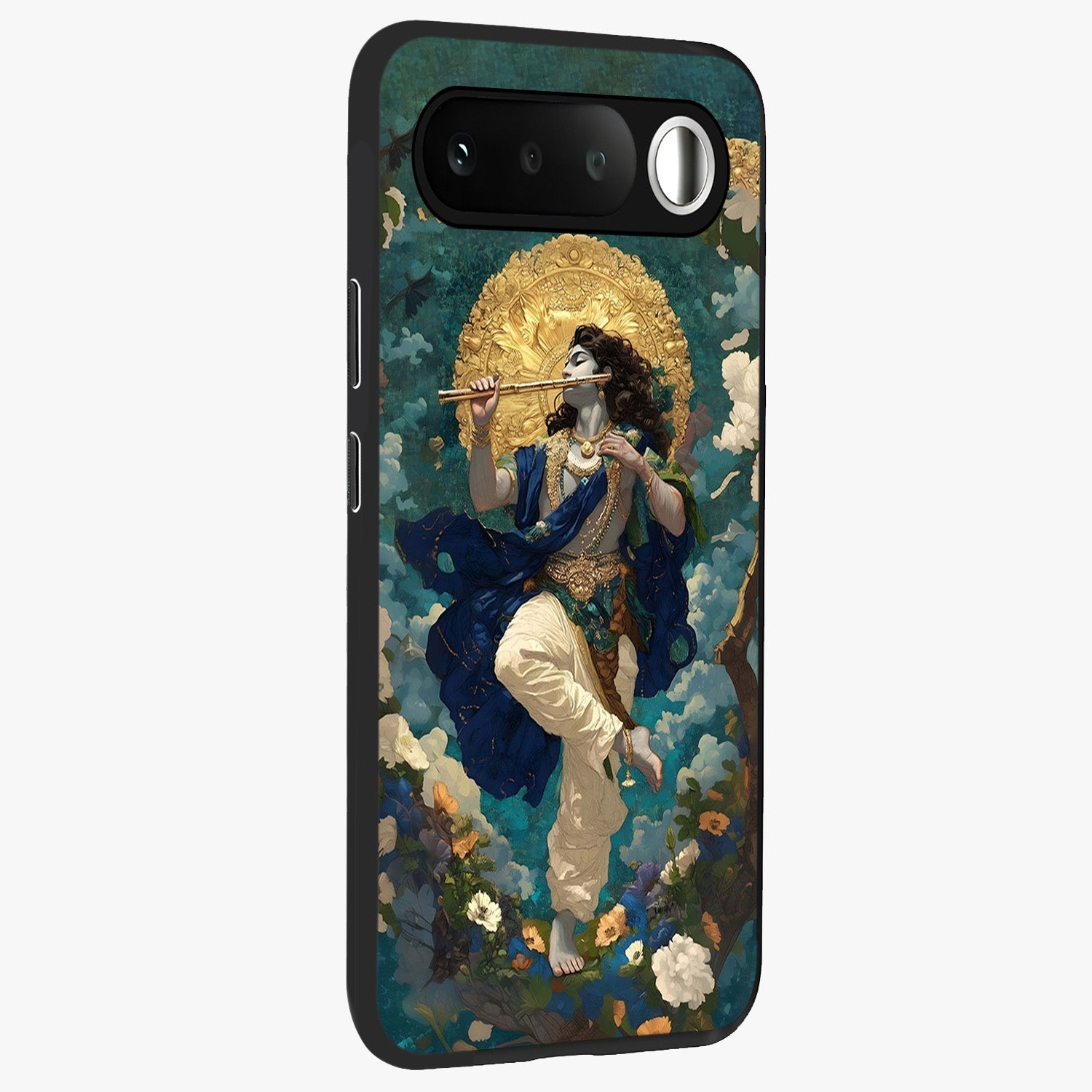 Divine Krishna Art Glass Case upright view showcasing divine Krishna artwork with sacred artistic theme.