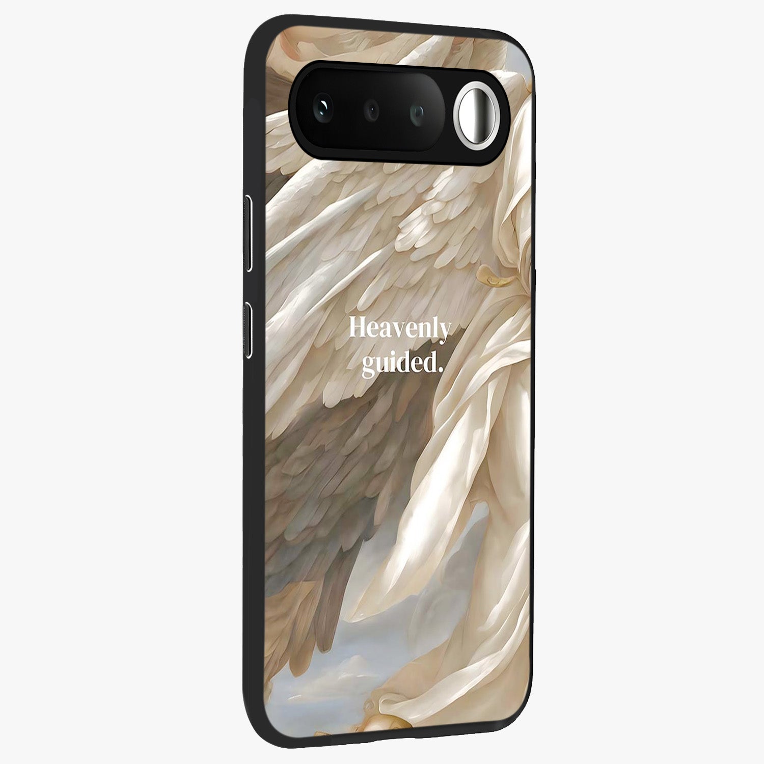 Divine Winged Grace Glass Case upright view showcasing spiritual wing artwork with soft celestial theme.