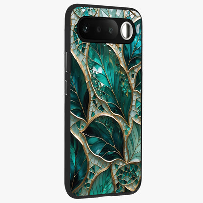 Emerald Leaf Glass Glass Case upright view showcasing fresh green leaf artwork with calming nature inspired style.