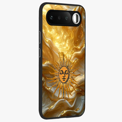 Eternal Golden Glow Glass Case upright view showcasing luminous golden artwork with luxurious visual theme.