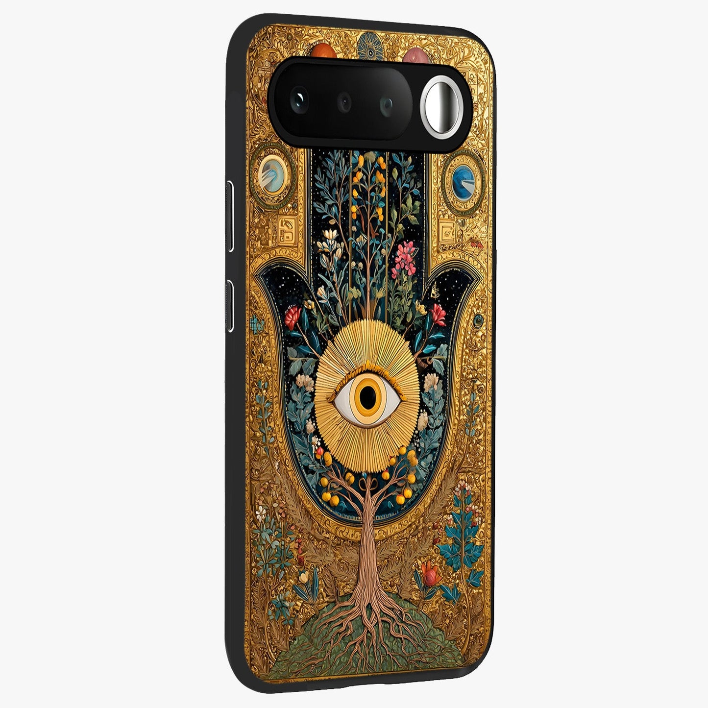 Ethereal Evil Eye Glass Case upright view showcasing celestial evil eye artwork with mystical theme.