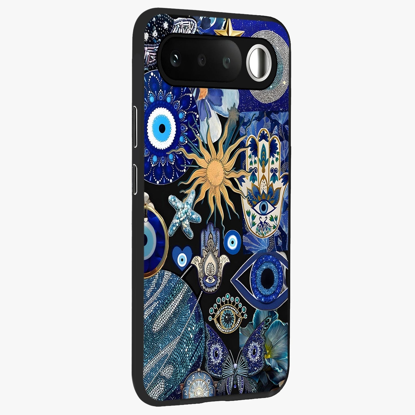 Evil Eye Charm Mix Glass Case upright view showcasing mystical evil eye pattern with vibrant decorative style.