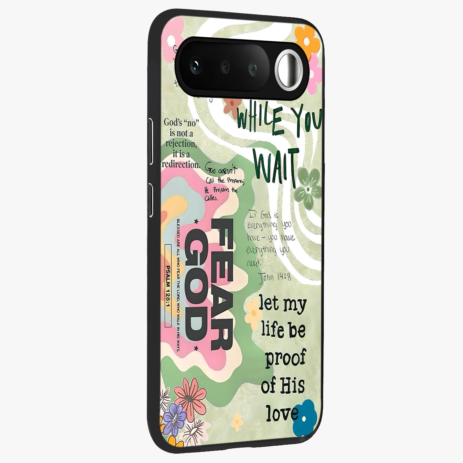 Faith Over Fear Glass Case upright view showcasing bold typography artwork with uplifting motivational theme.