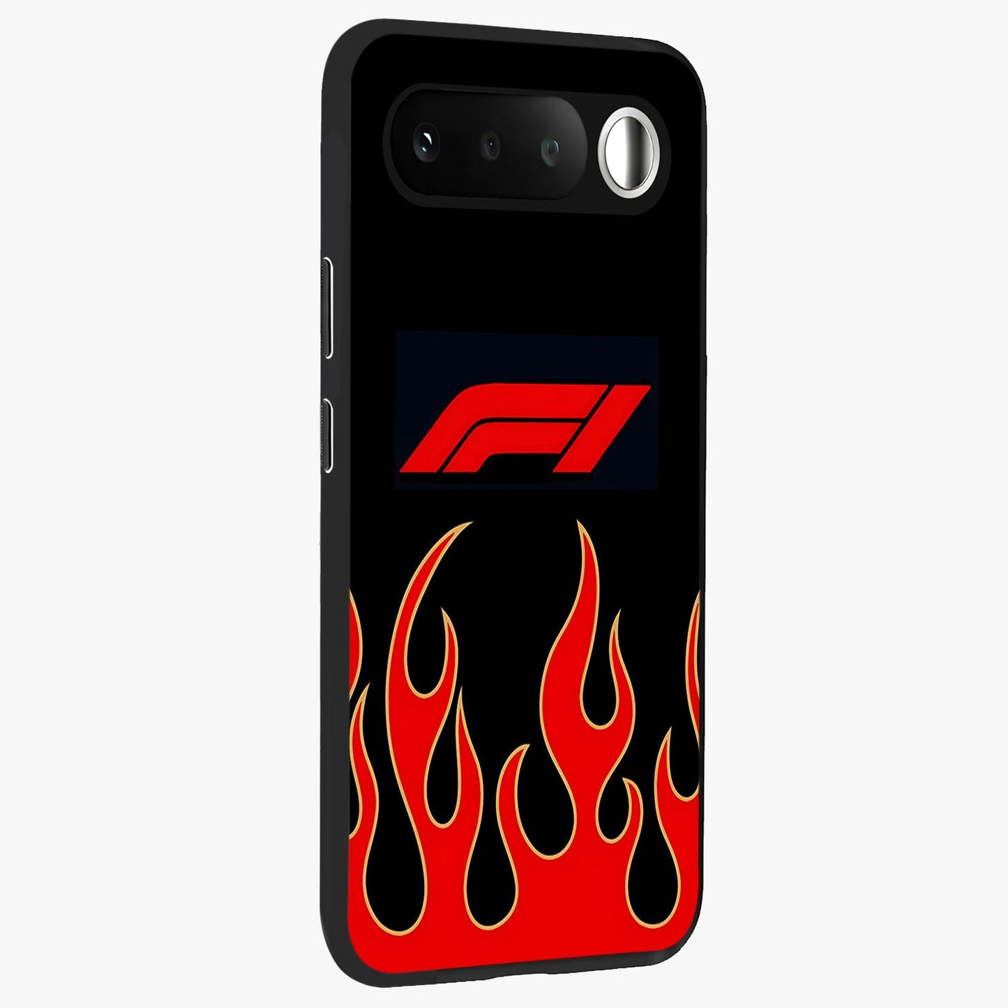 Fire F11 Glass Case upright view showcasing dynamic flame artwork with intense visual theme.