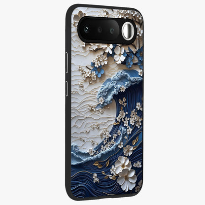 Floral Wave Origami Glass Case upright view showcasing creative floral origami artwork with artistic decorative theme.