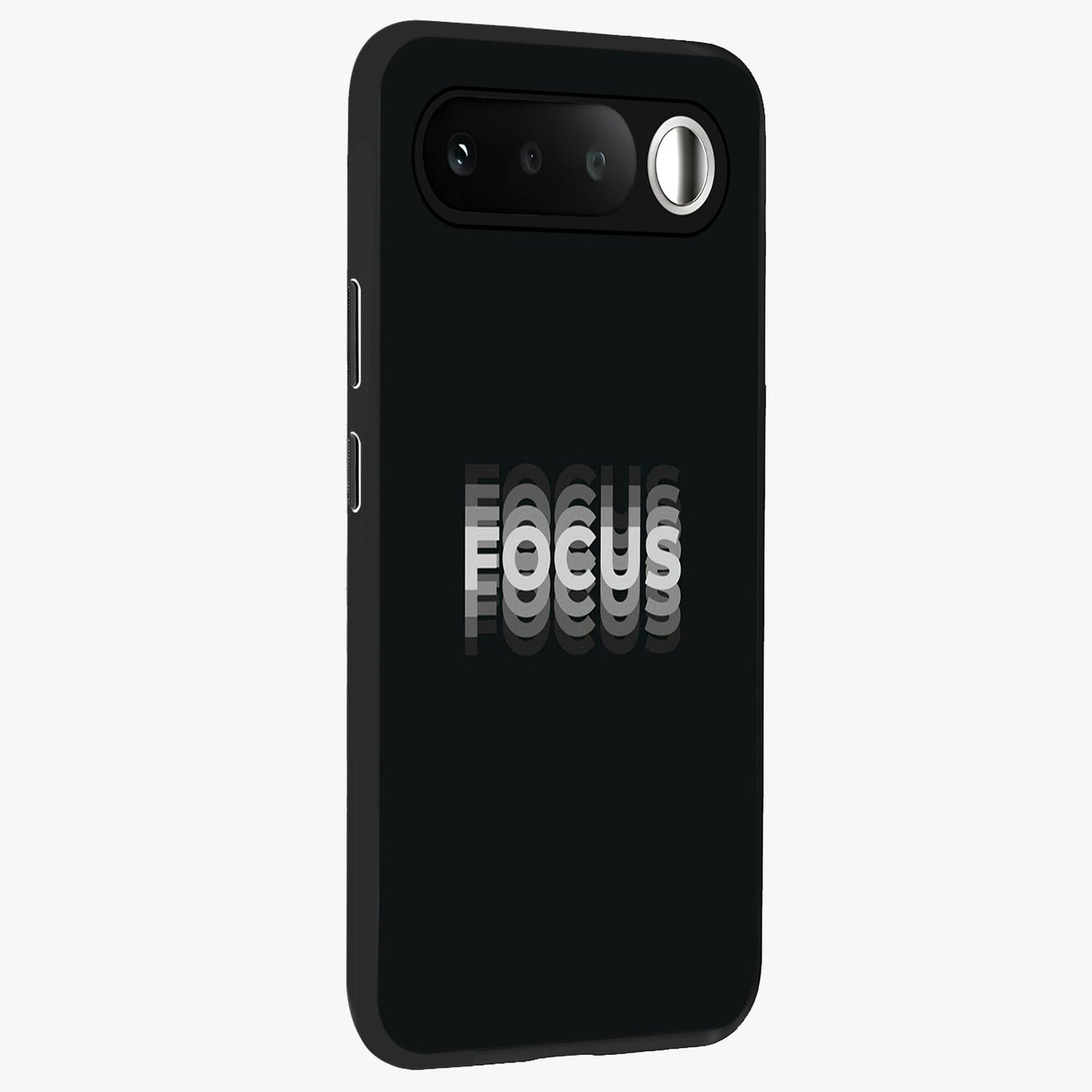 Focus Mode On Glass Case upright view showcasing strong typography statement with sleek motivational theme.