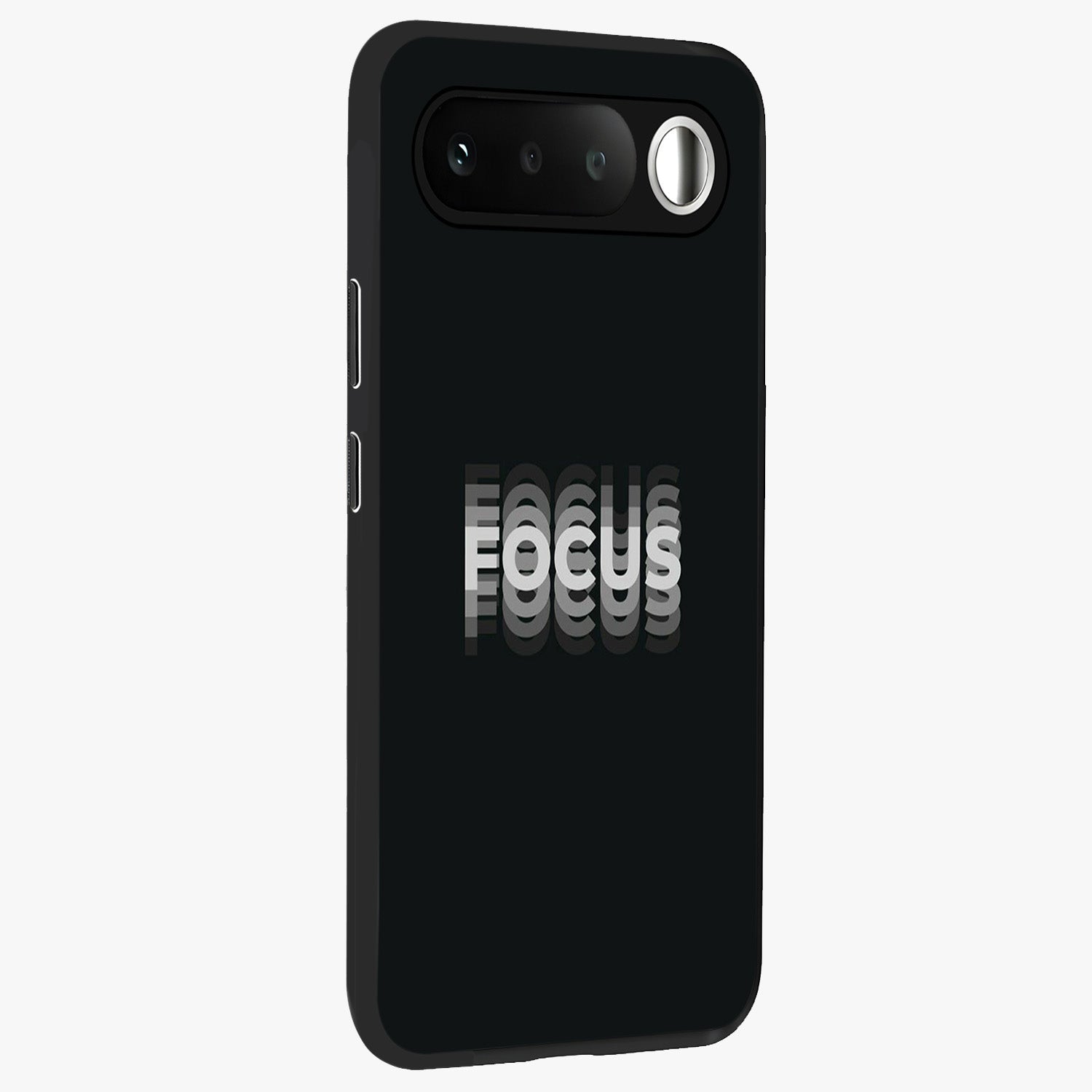 Focus Mode On Glass Case upright view showcasing strong typography statement with sleek motivational theme.