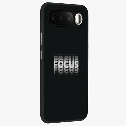 Focus Mode On Glass Case upright view showcasing strong typography statement with sleek motivational theme.