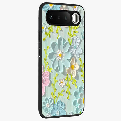 Frosted Petal Garden Glass Case upright view showcasing elegant floral garden artwork with soothing pastel theme.