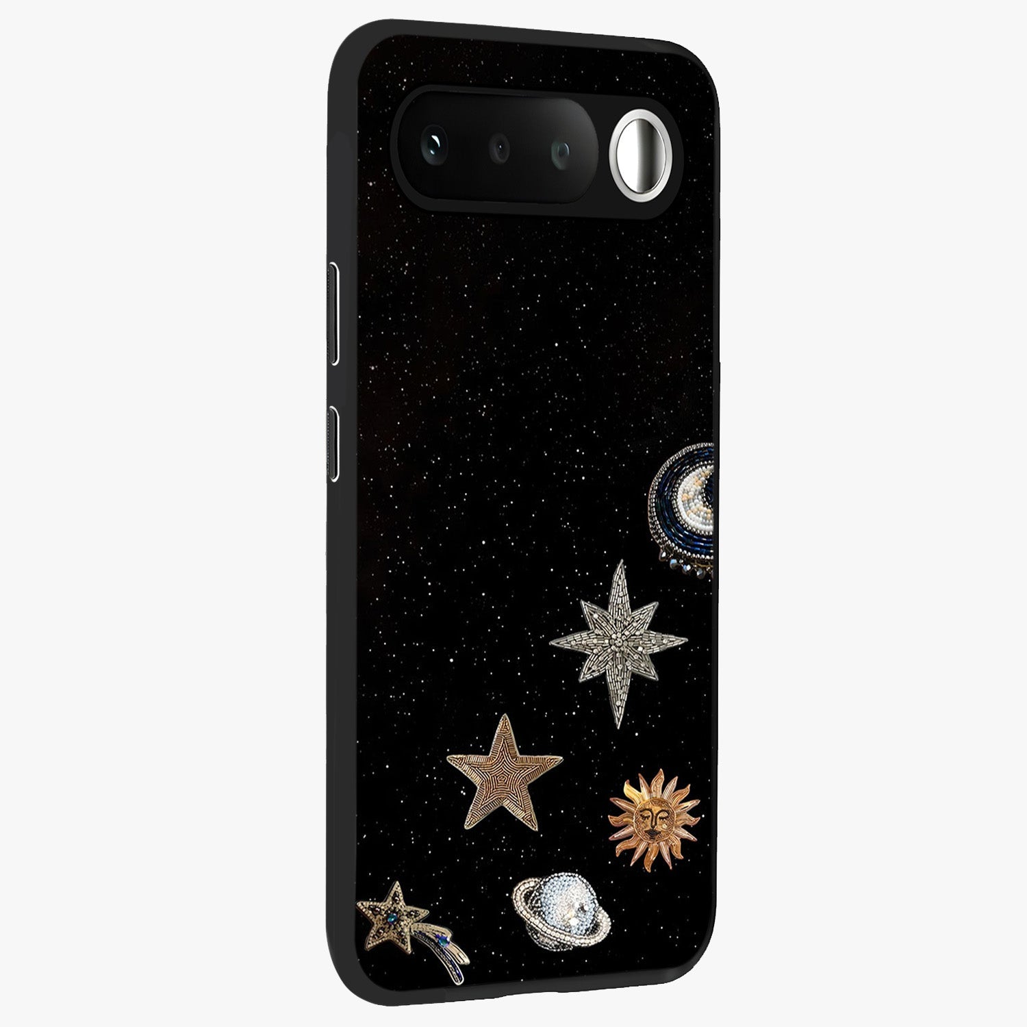 Galactic Charm Glow Glass Case upright view showcasing glowing cosmic charm artwork with magical celestial style.