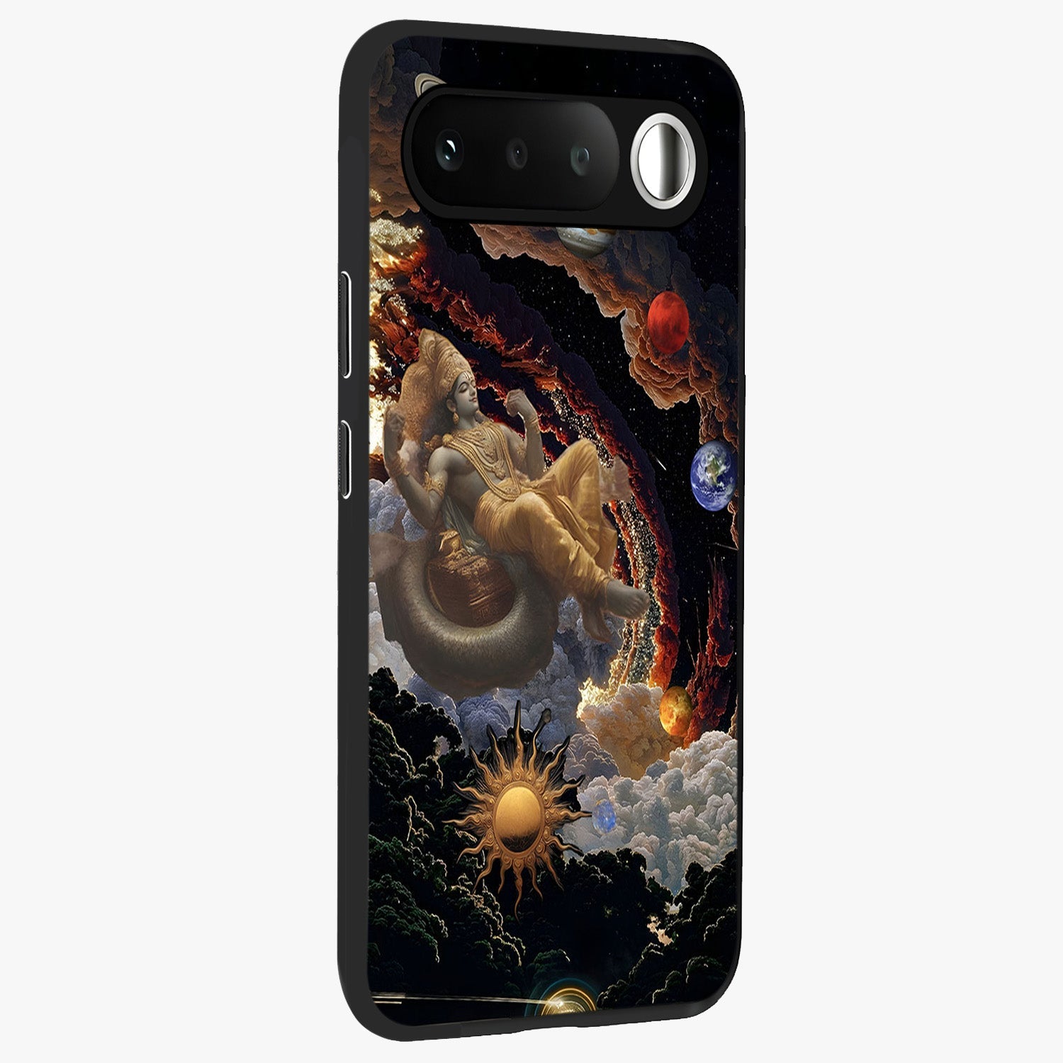 Galactic Divine God Glass Case upright view showcasing mystical divine artwork with dramatic cosmic theme.