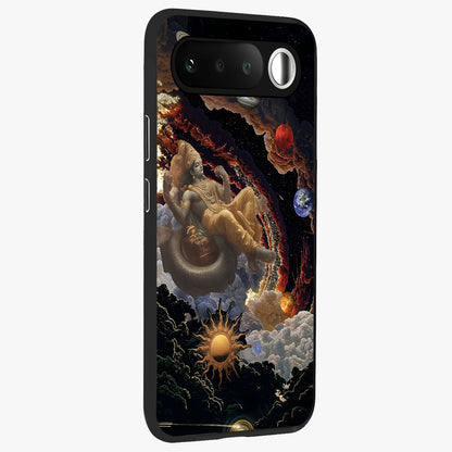 Galactic Divine God Glass Case upright view showcasing mystical divine artwork with dramatic cosmic theme.