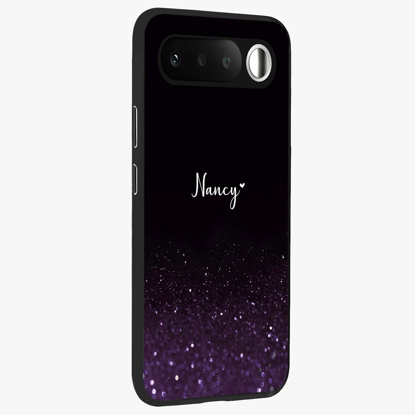 Glittery Purple Bokeh Custom Name Glass Case upright view showcasing vibrant purple sparkle artwork with personalized aesthetic style.