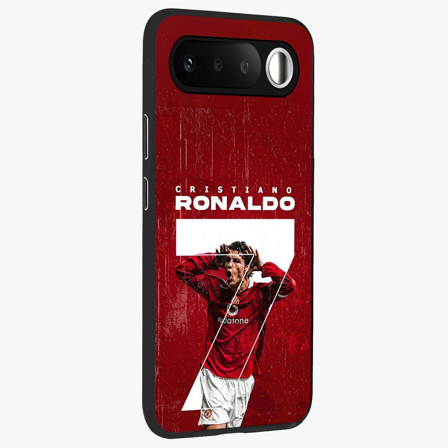 Goal Celebration Legacy Glass Case upright view showcasing dynamic football inspired artwork with victory celebration aesthetic.