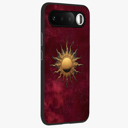 Golden Sun Minimalism Glass Case upright view showcasing simple golden sun artwork with elegant minimalist style.
