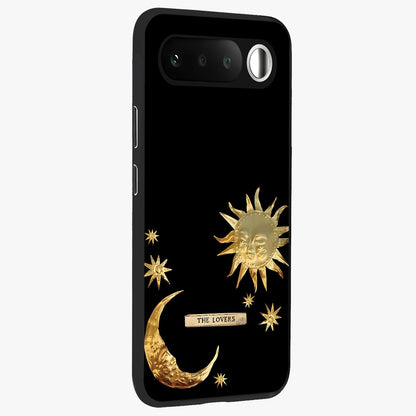 Gold Sun Blush Glass Case upright view showcasing glowing sun artwork with elegant celestial theme.