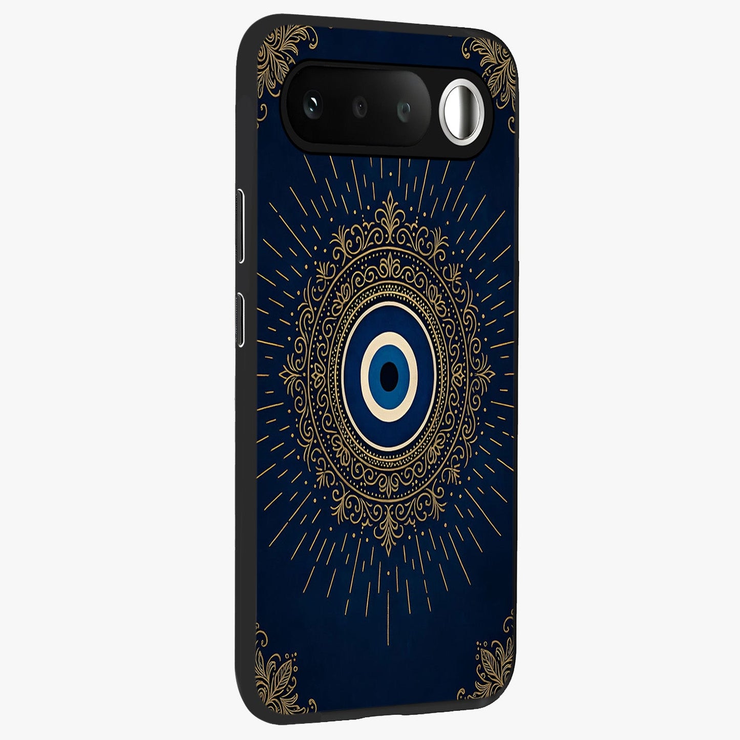 Golden Celestial Charm Glass Case upright view showcasing radiant celestial artwork with elegant golden theme.