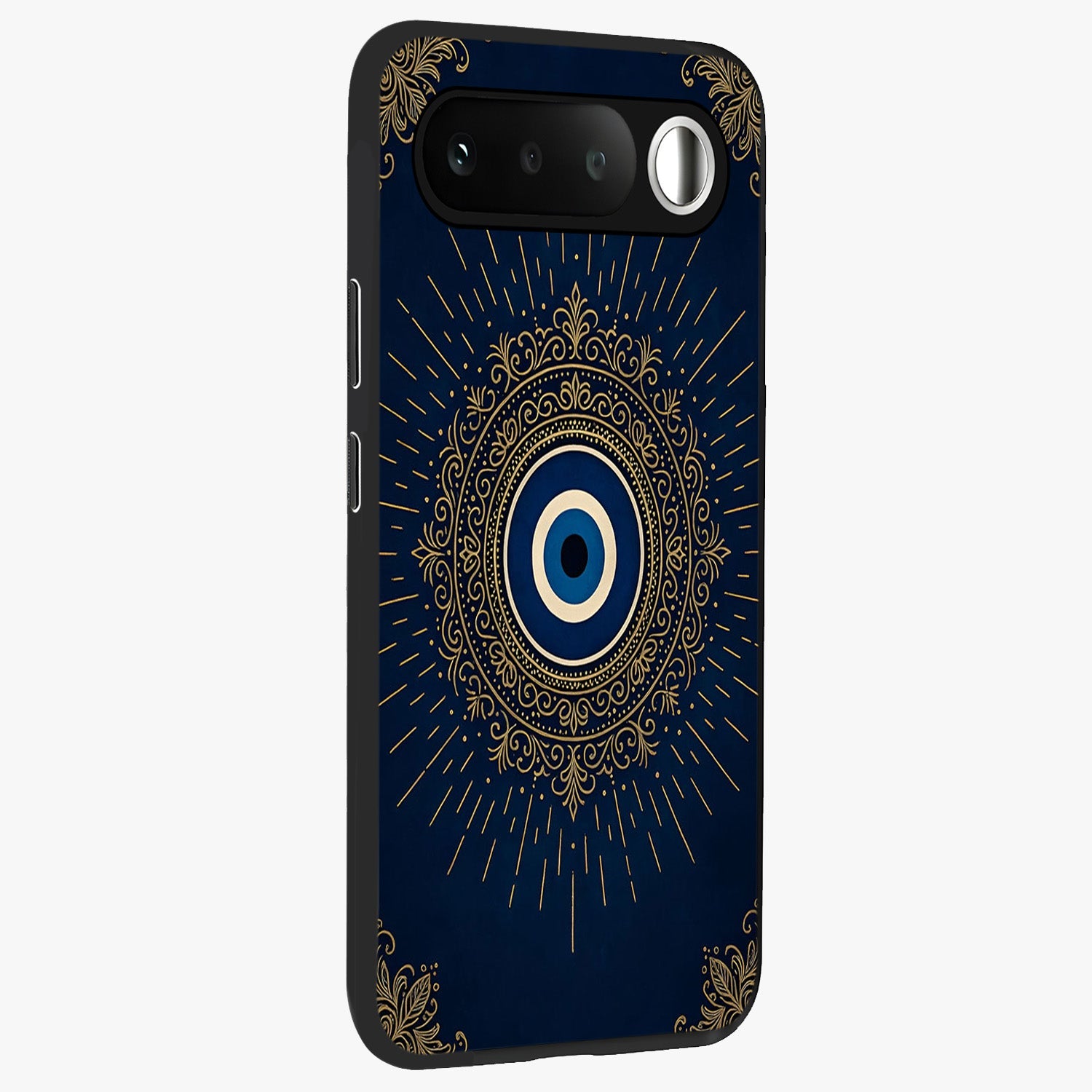 Golden Celestial Charm Glass Case upright view showcasing radiant celestial artwork with elegant golden theme.