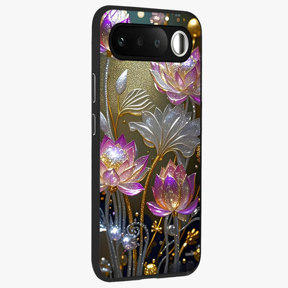 Golden Floral Majesty Glass Case upright view showcasing majestic floral artwork with rich decorative theme.
