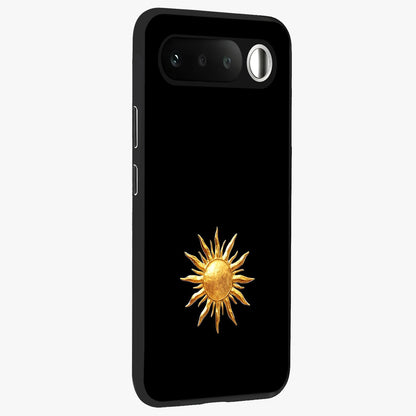 Golden Sun Minimalism Glass Case upright view showcasing haunting graveyard artwork with dramatic dark theme.