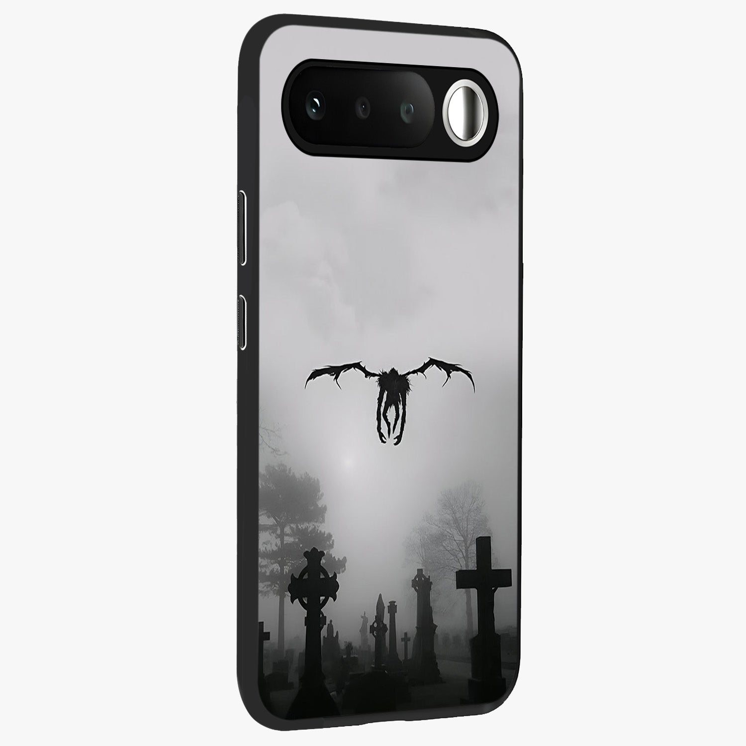 Graveyard Shadow Descent Glass Case upright view showcasing haunting graveyard artwork with dramatic dark theme.