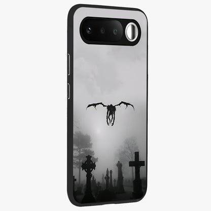 Graveyard Shadow Descent Glass Case upright view showcasing haunting graveyard artwork with dramatic dark theme.