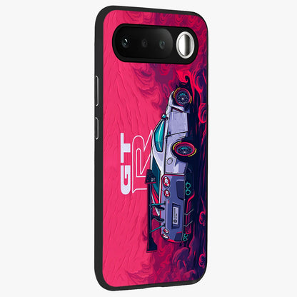 GT-R Car Pattern Glass Case upright view showcasing dynamic car pattern artwork with modern sports theme.