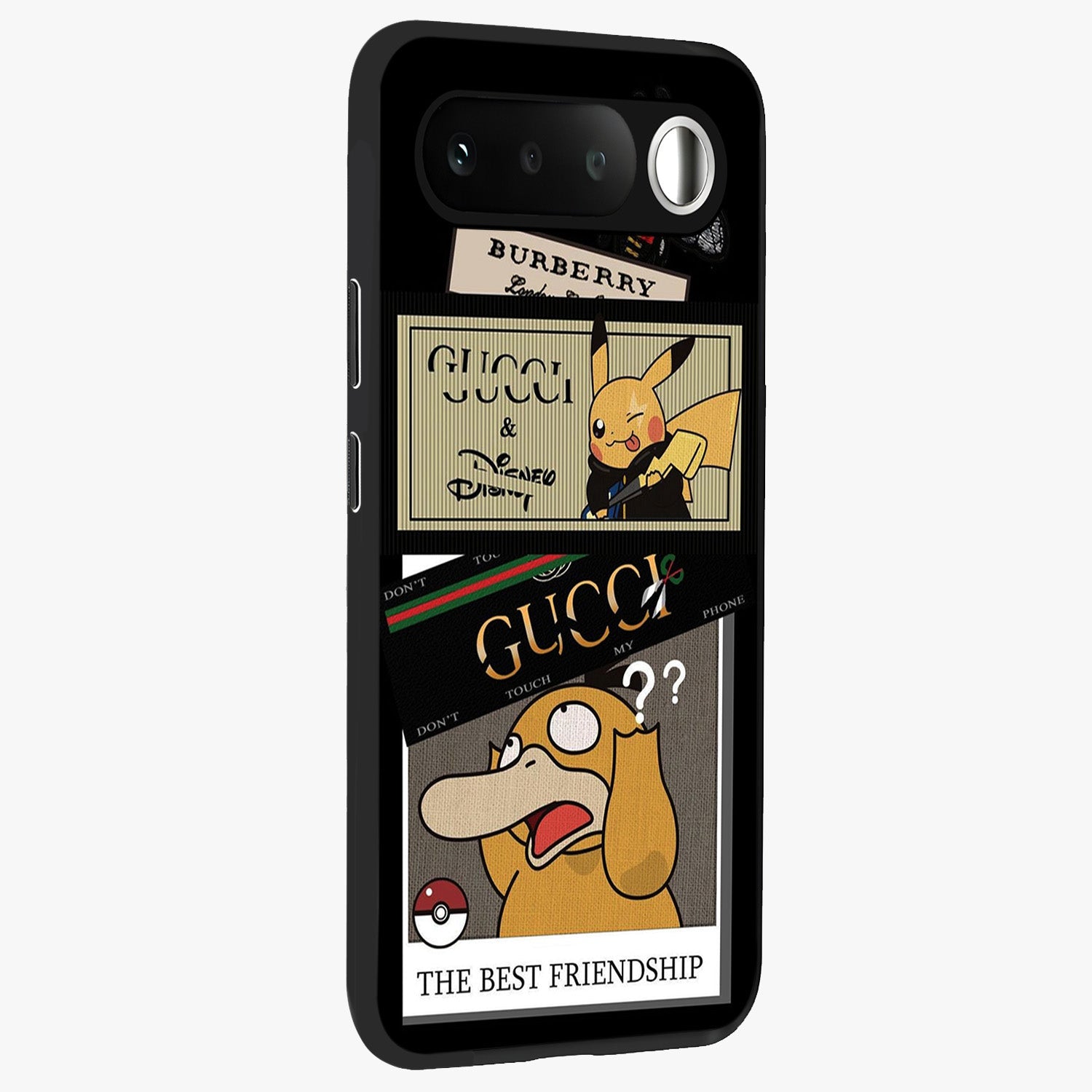 Gucci Play Mashup Glass Case upright view showcasing trendy luxury inspired artwork with modern fashion theme.