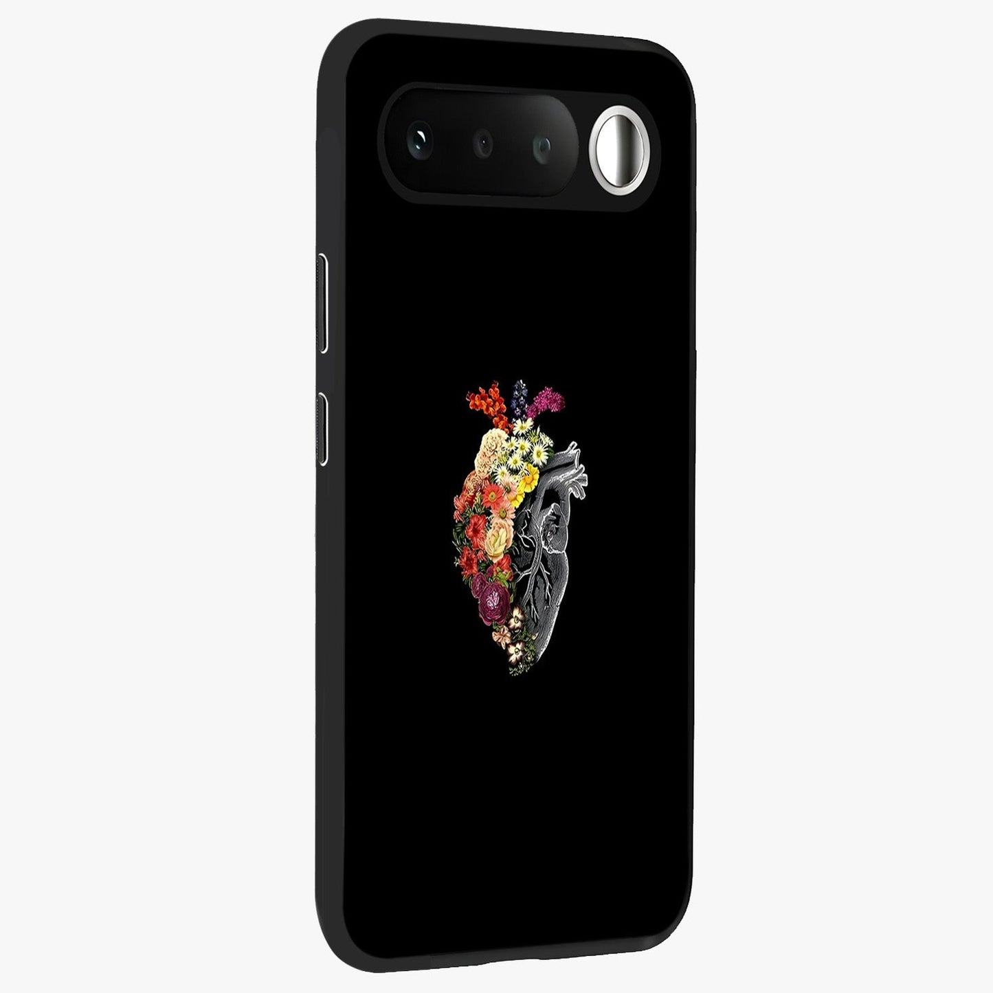 Heart With Flowers Glass Case upright view showcasing decorative heart and floral artwork with sweet romantic theme.