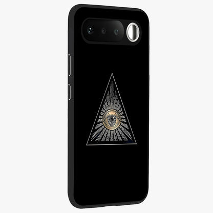 Illuminati Evil Glass Case upright view showcasing striking illuminati artwork with mysterious symbolic theme.