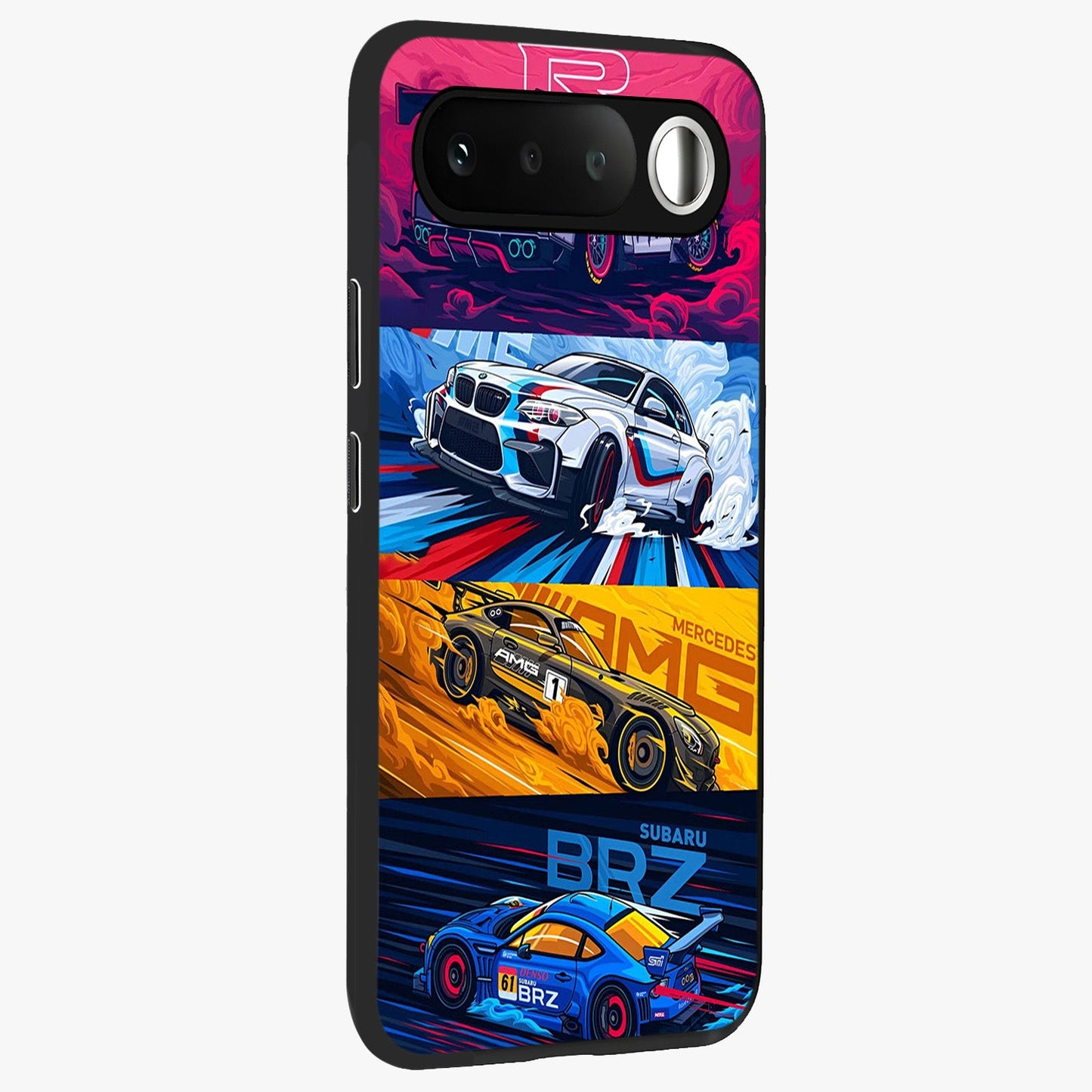 JDM Sports Car Glass Case upright view showcasing dynamic sports car artwork with bold racing theme.