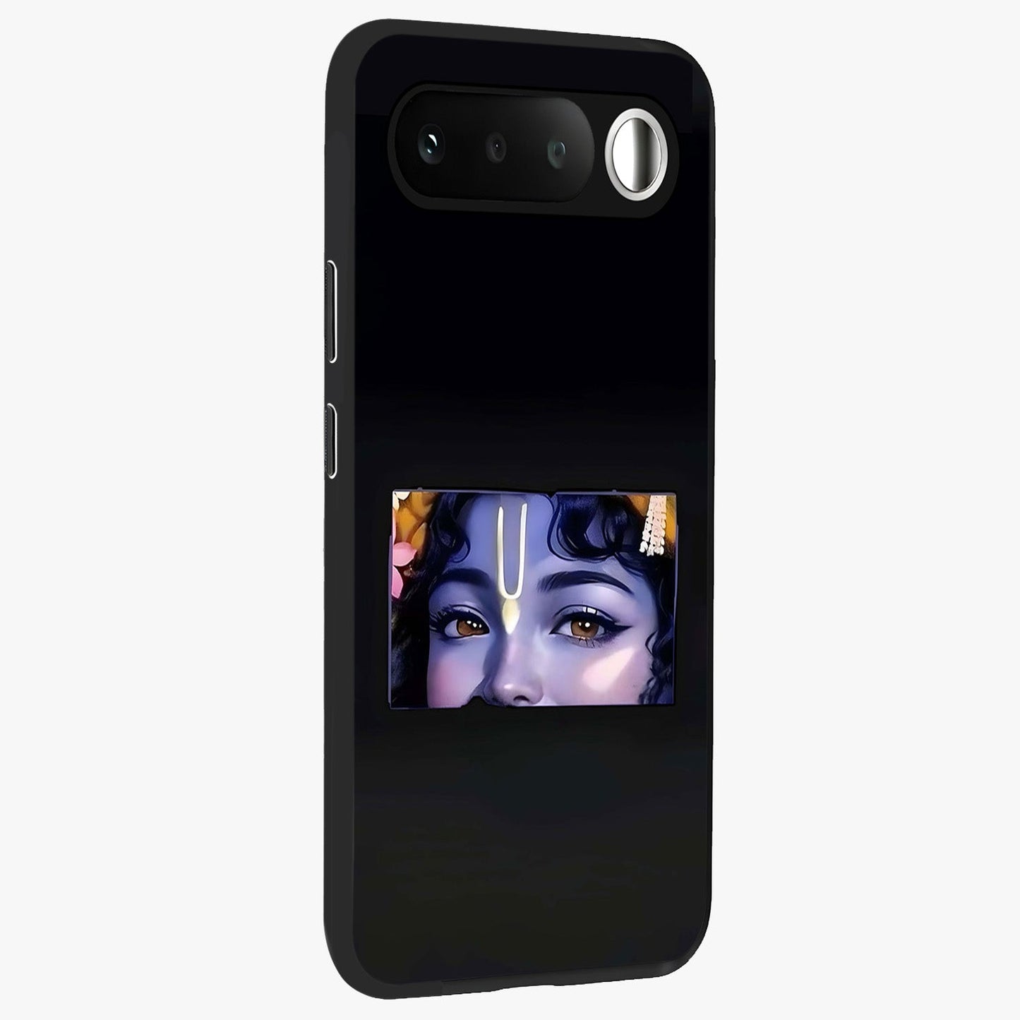 Krishna Divine Embrace Glass Case upright view showcasing sacred Krishna artwork with peaceful devotional theme.