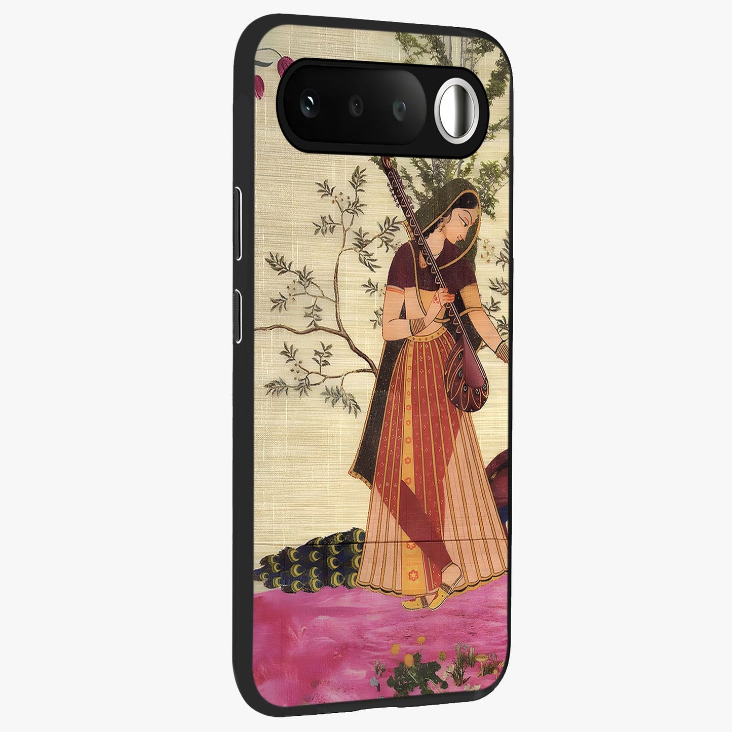 Lady With Veena Art Glass Case upright view showcasing classical veena artwork with traditional artistic theme.