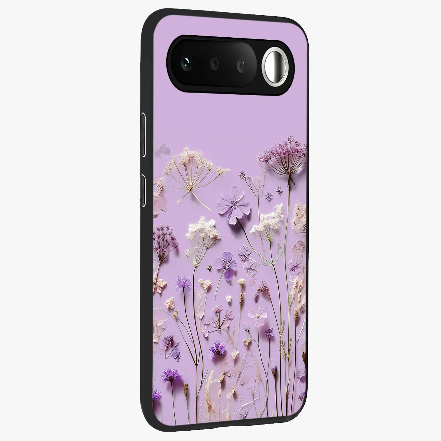 Lavender Blossom Dream Glass Case upright view showcasing delicate lavender blossom artwork with peaceful floral theme.