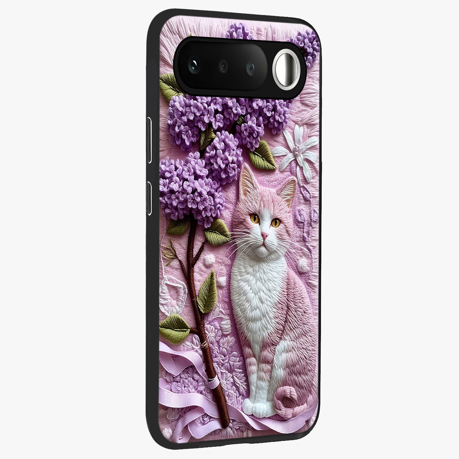 Lavender Cat Whimsy Glass Case upright view showcasing charming cat artwork with whimsical lavender theme.