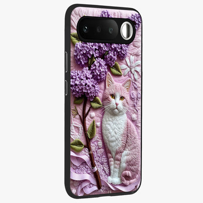 Lavender Cat Whimsy Glass Case upright view showcasing charming cat artwork with whimsical lavender theme.
