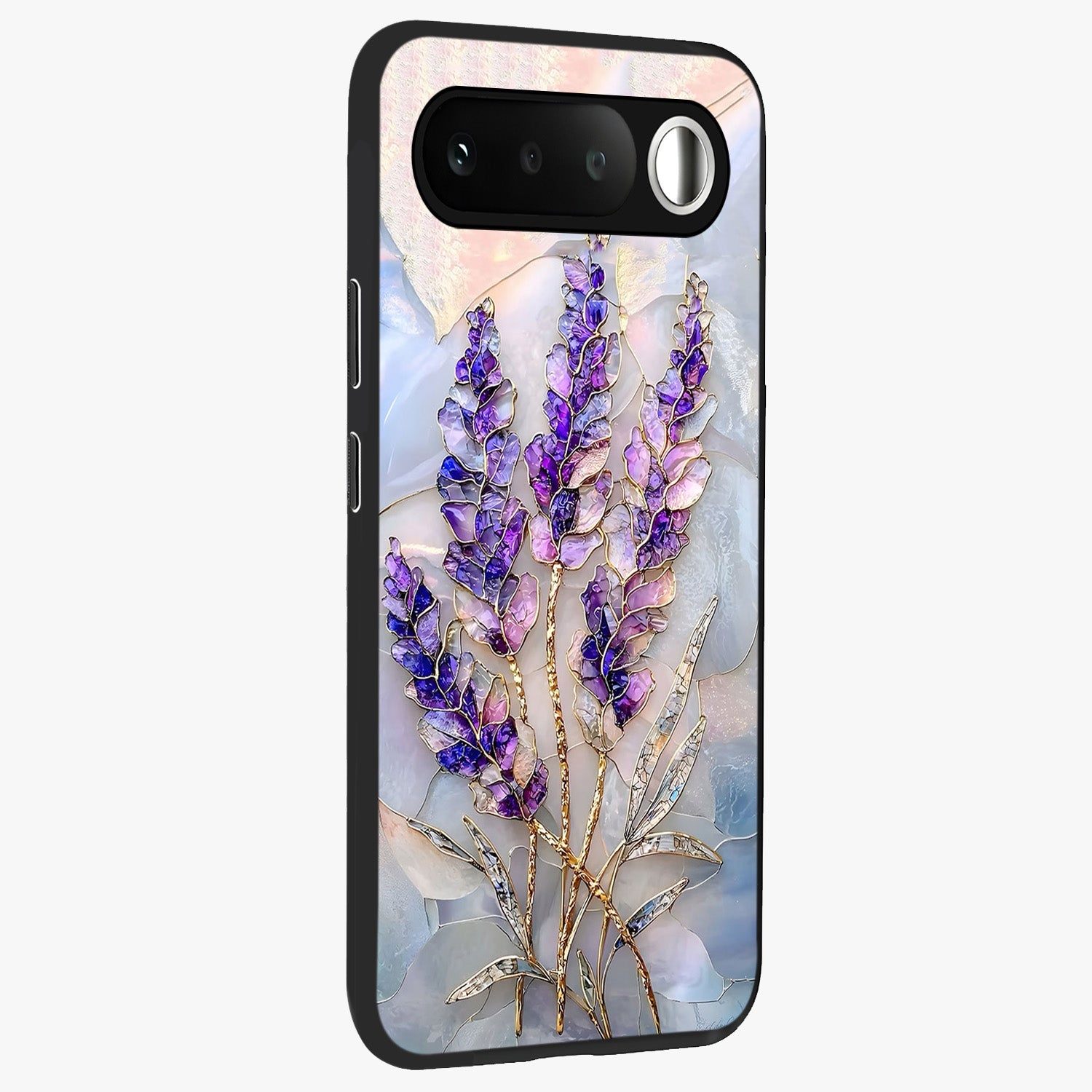 Lavender Dream Glow Glass Case upright view showcasing radiant lavender glow artwork with calming dreamy theme.